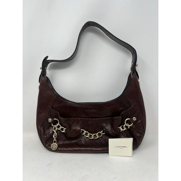 Lancel [Authentic] Curb‎ Dark Brown Leather Weave Gold Chain Shoulder Bag, EUC - Picture 1 of 13